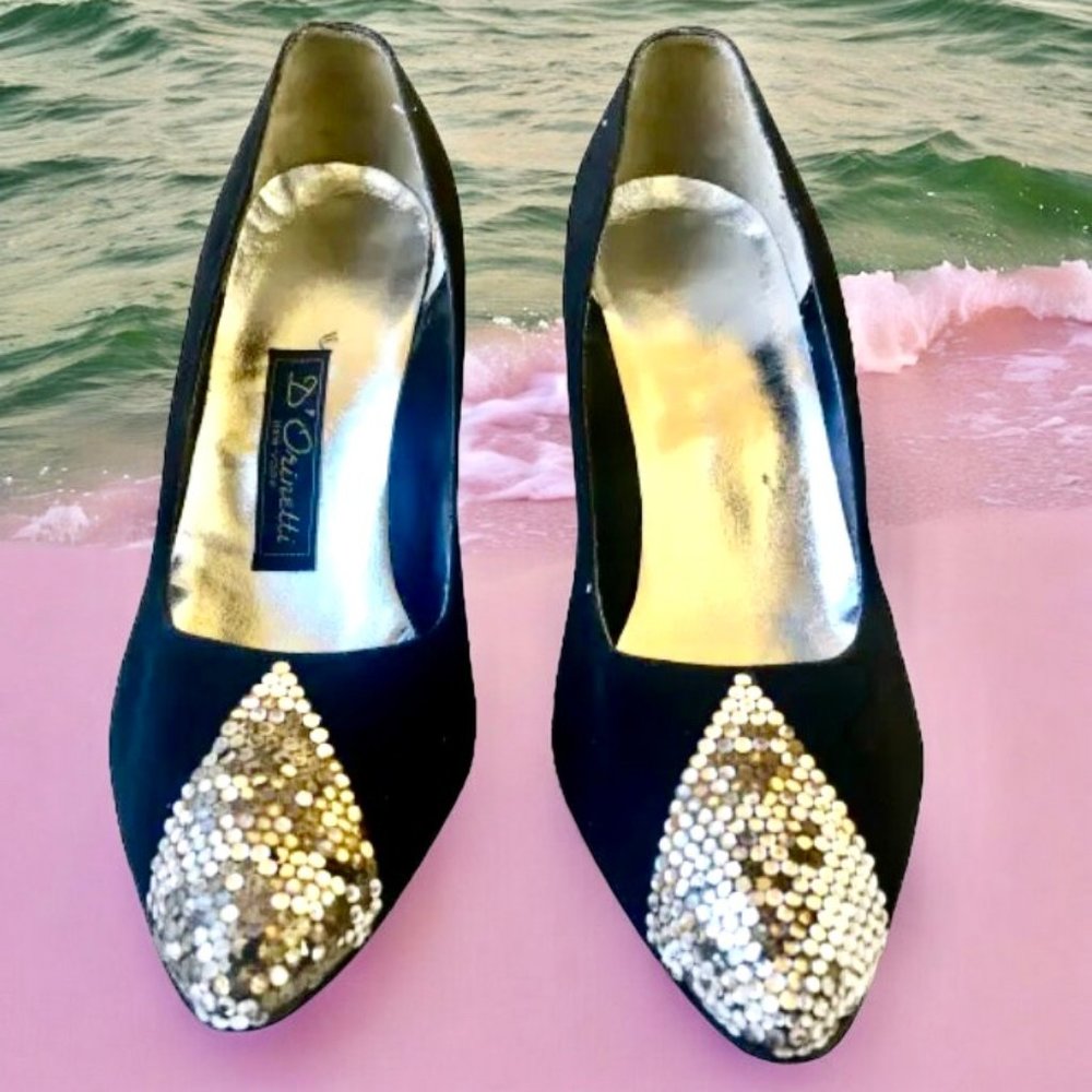 D' ORINETTI New York Vtg 80's Black Silk Pump Rhinestones DAMAGED